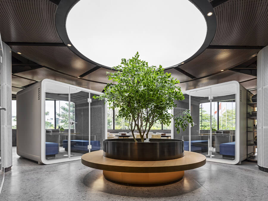 Two Soundbox's large office pods are place in hotel lobby